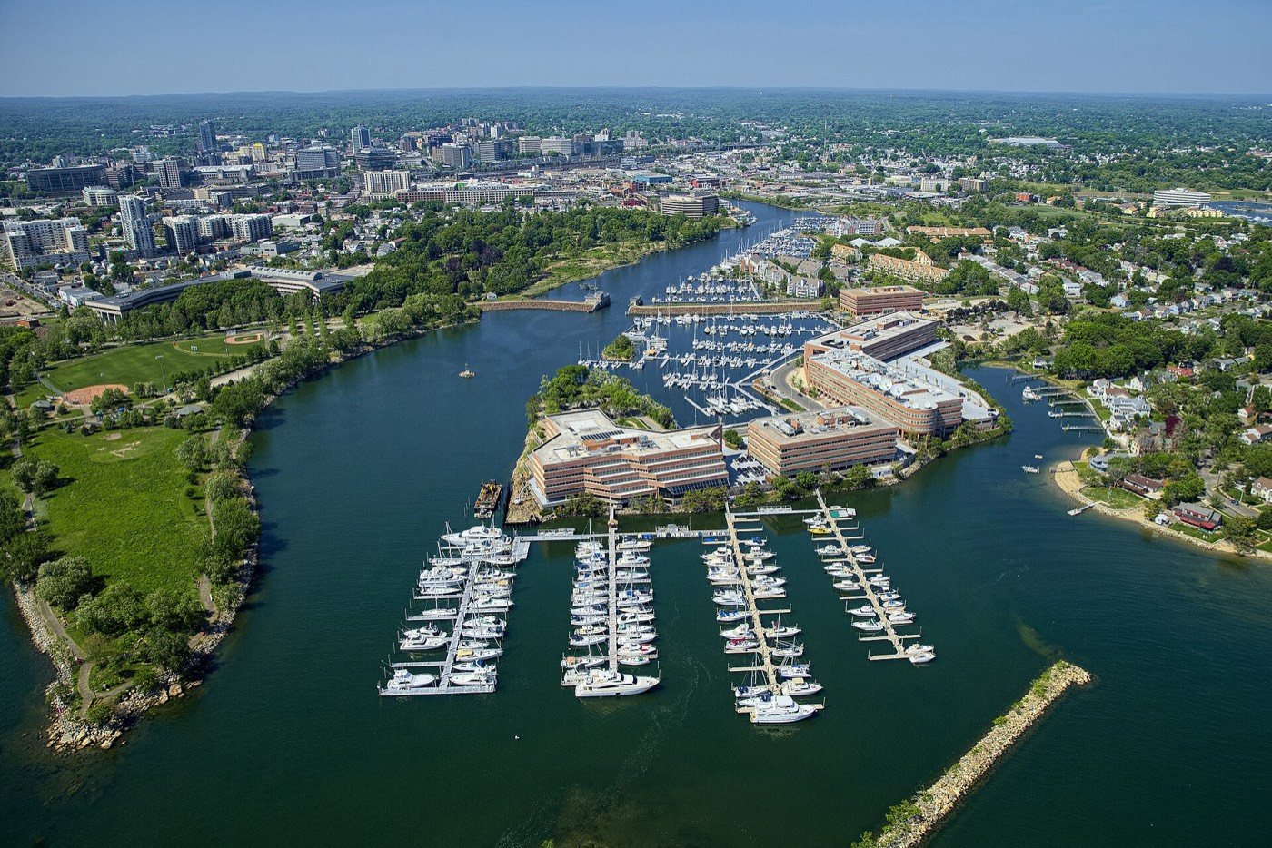 An aerial view of Shippan Landing and the Stamford, Connecticut waterfront